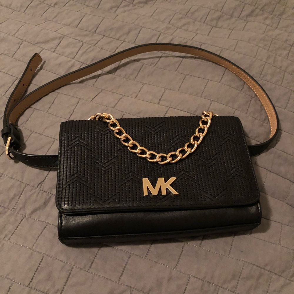 Michael Kors Black Leather and Gold Chain Belt Bag